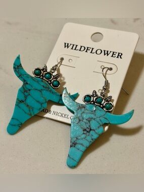 Wildflower Turquoise Bull Skull Dangle Earrings